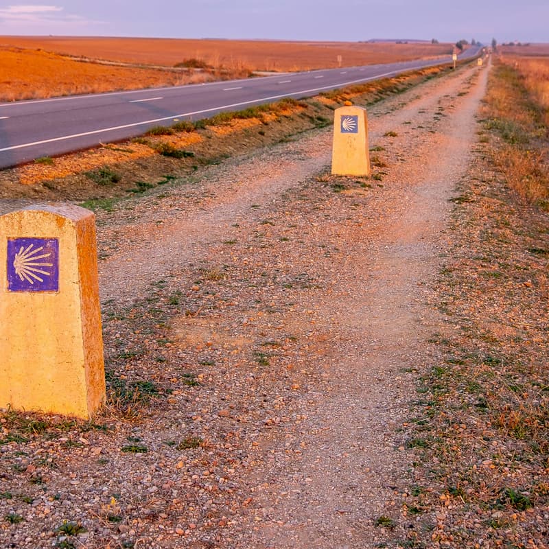 A Camino waymarker with the scallop shell